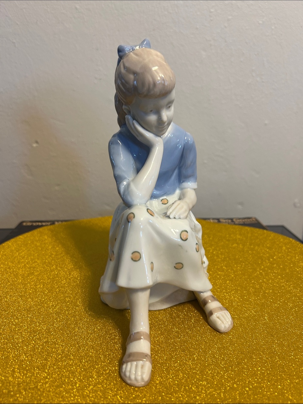 Andrea By Sadek Blue & Cream Seated Girl Porcelain Figurine
